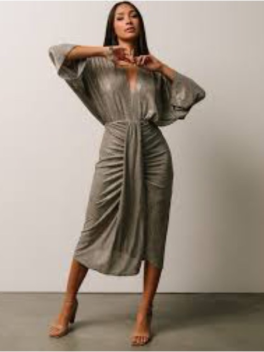 Baltic Born Metallic Gray Draped Midi Dress with Kimono Sleeves